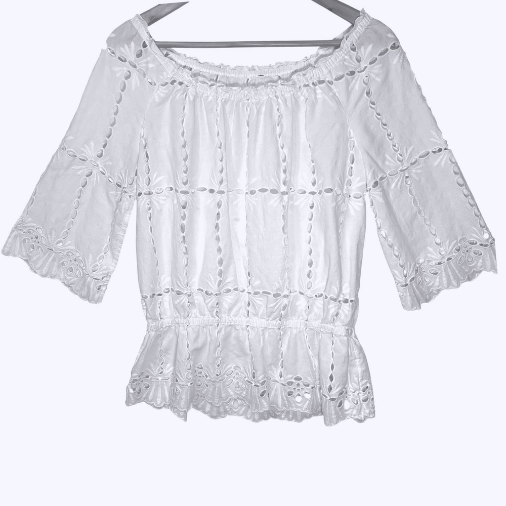 White Cotton Eyelet Off Shoulder Peplum Blouse Smocked Waist Boho Gypsy Top L